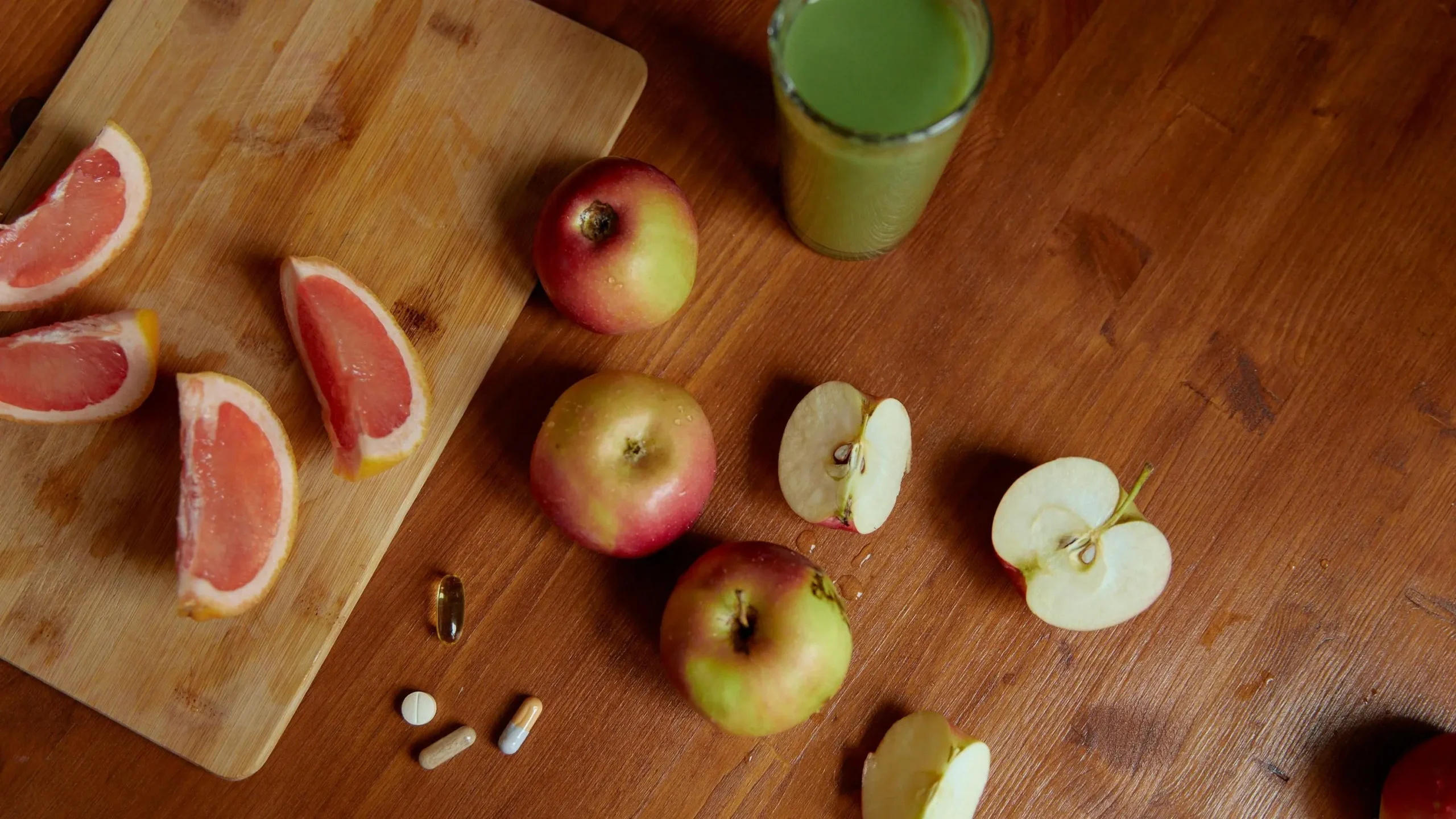 Fruits and pills representing brain food supplements