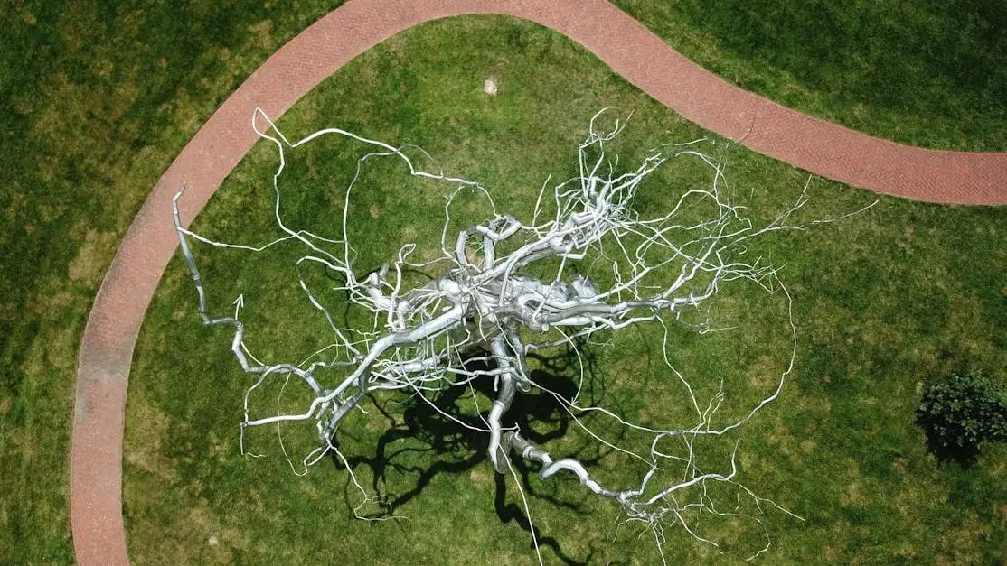 Neuron sculpture on lawn symbolizing recovery of dopamine receptors