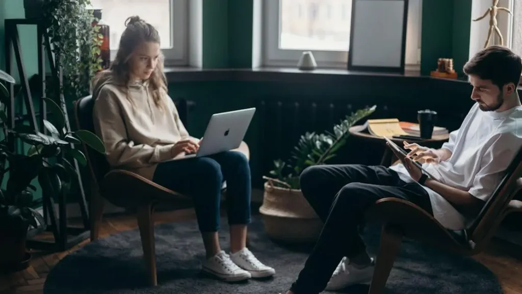 Two people using gadgets for productivity hacks